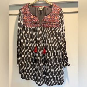 Anthropologie Boho Embroidered Black & White Long-Sleeve Tunic with Red Tassels